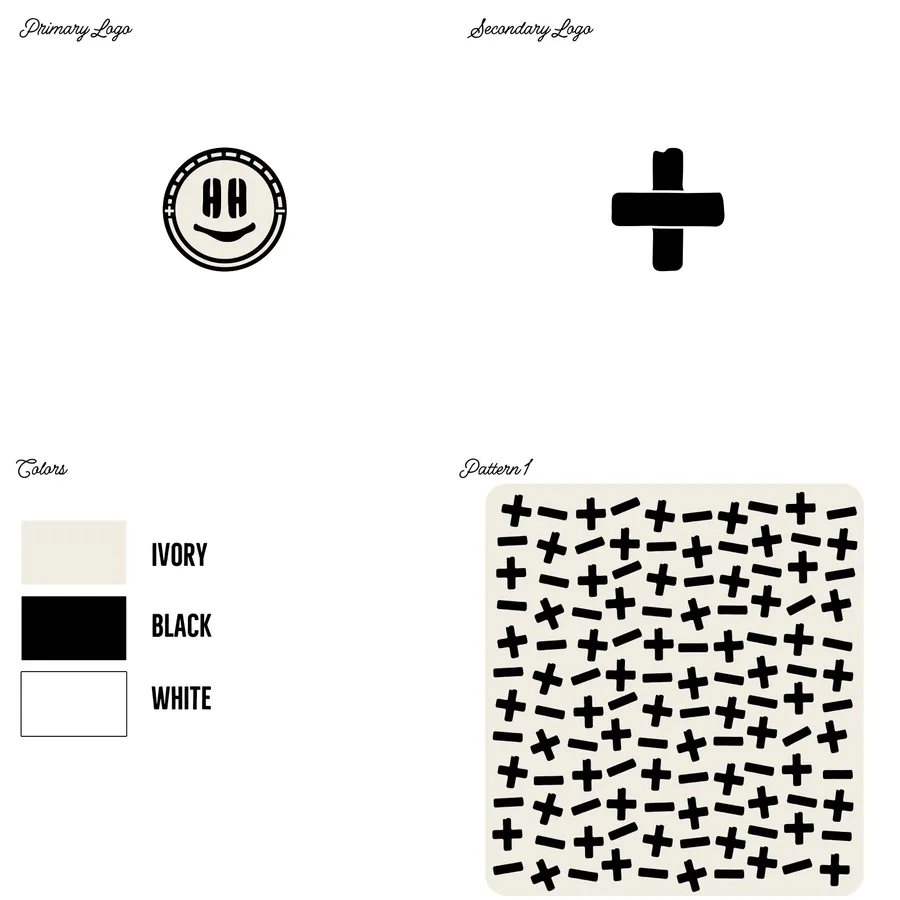 Brand guide: the smiley coin logo, the imperfect +, ivory black and white, the + and − pattern