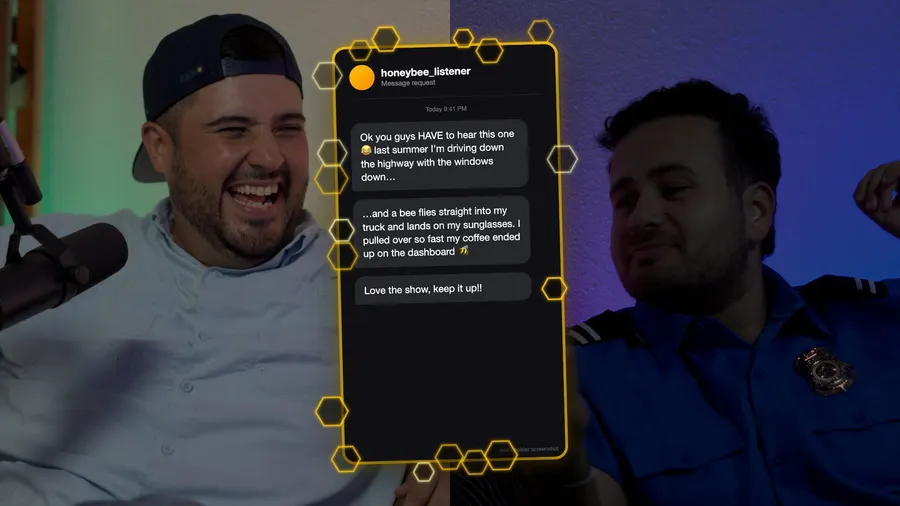 A listener DM framed in honeycomb between the hosts