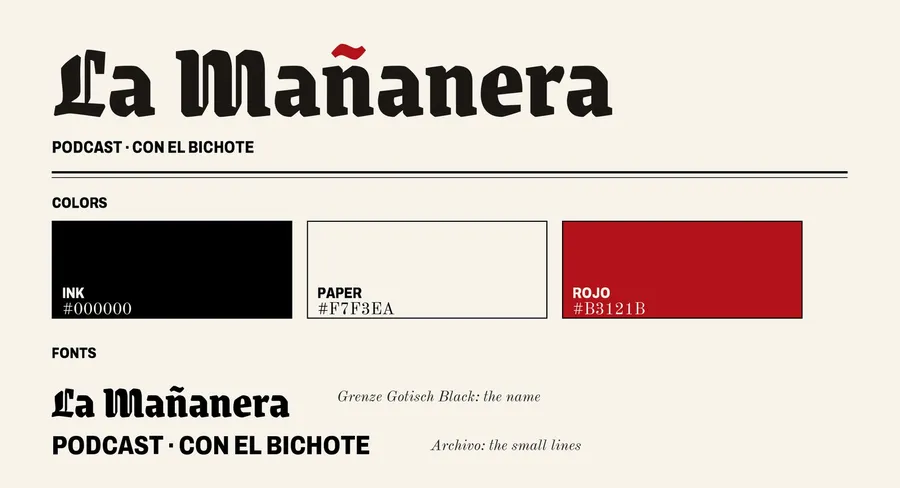 La Mañanera look: ink, paper and rojo, with the two fonts