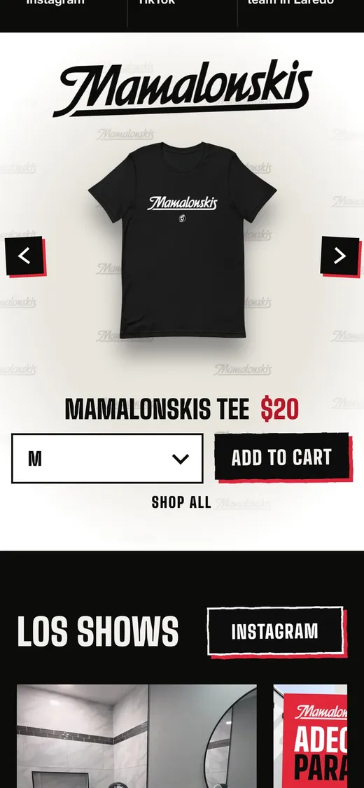 The home shop: Mamalonskis tee, pick a size, add to cart