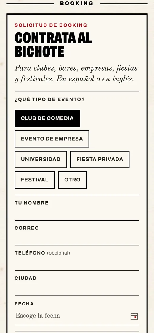 Contrata al Bichote: the booking form for clubs, companies and festivals