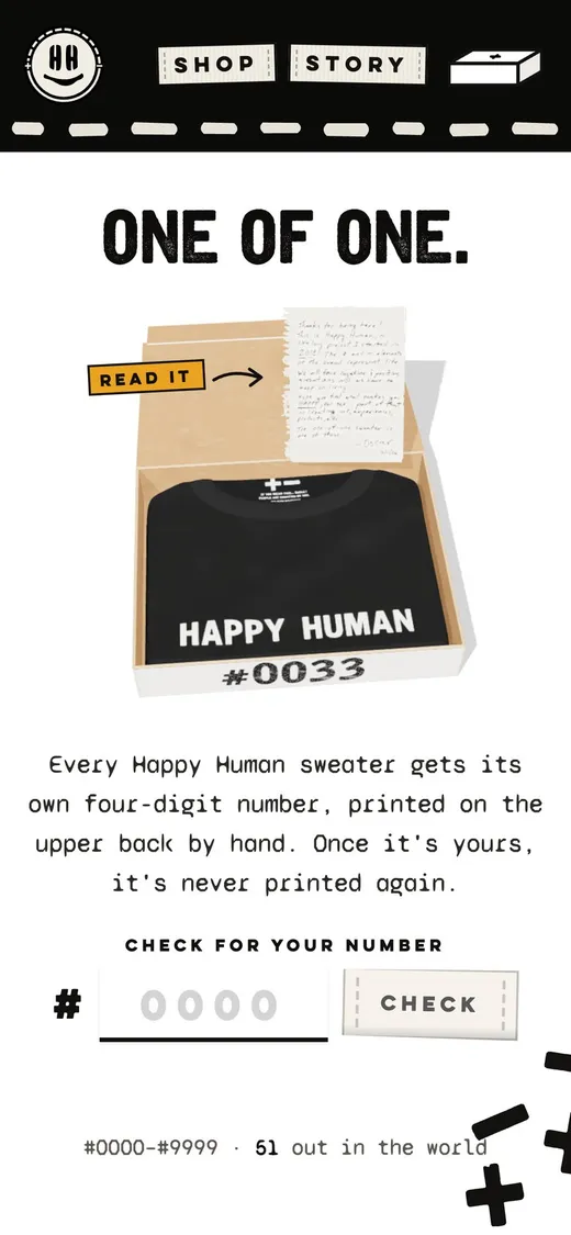 happyhuman.studio home: a 3D box opens with the sweater, #0033 and a note