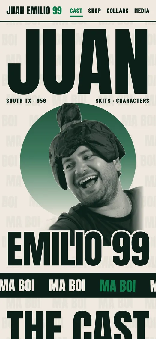 Juan Emilio 99 home: JUAN / his face in a green circle / EMILIO 99, with a MA BOI ticker