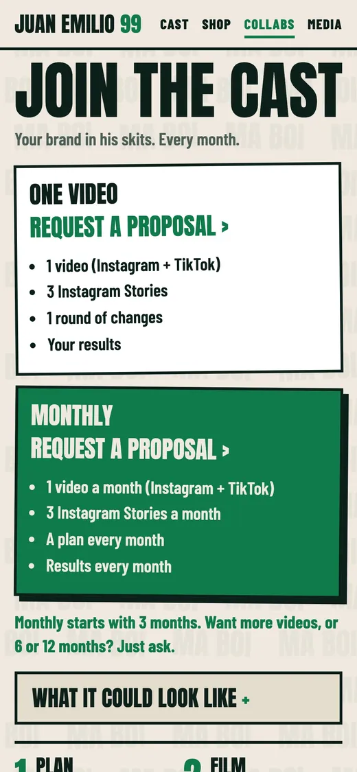 Join the cast: one video or monthly, request a proposal