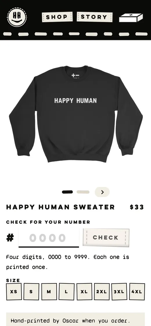 The sweater page: check for your number, pick a size