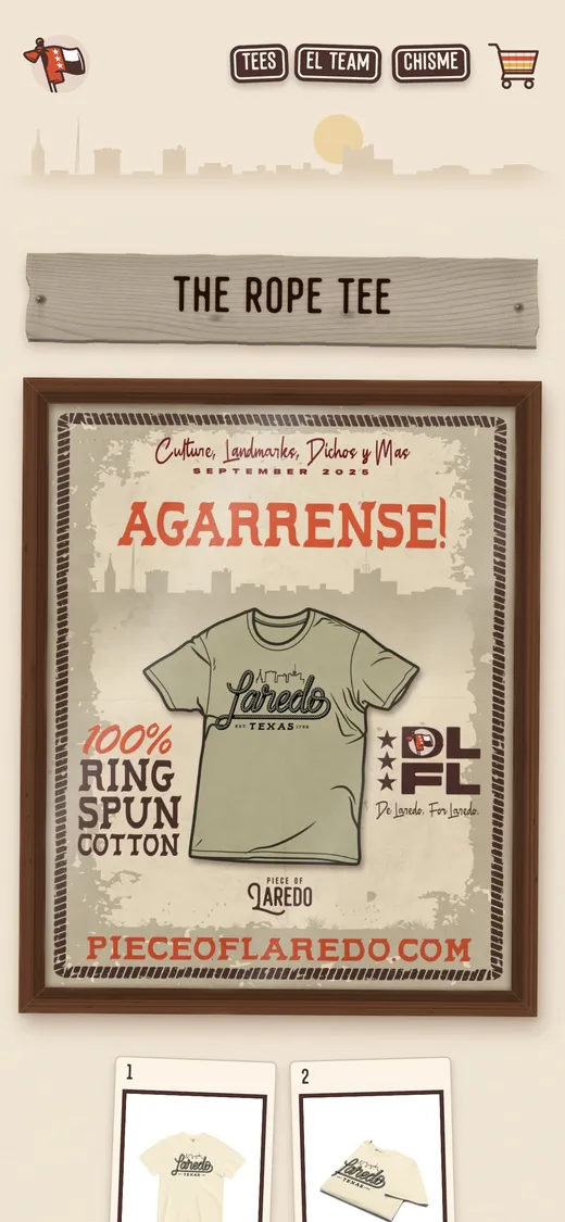 A tee page: the name burned into a wood plank over the framed poster