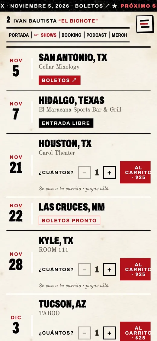 Tour dates with tickets you add to the cart right on the page