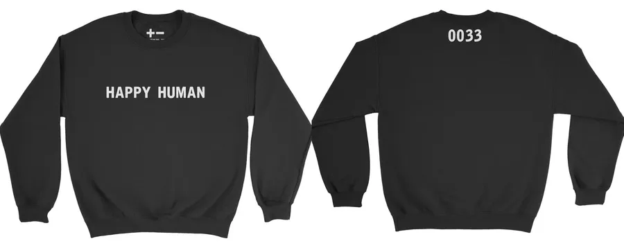 Happy Human sweater: HAPPY HUMAN on the chest, the number 0033 on the upper back