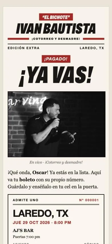 The ticket email: ¡Ya vas!